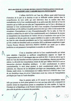 DECLARATION DU CLUB DES JEUNES CONSTITUTIONNALISTES CONGOLAIS AFFAIRE MATATA 1