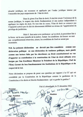 DECLARATION DU CLUB DES JEUNES CONSTITUTIONNALISTES CONGOLAIS AFFAIRE MATATA 3
