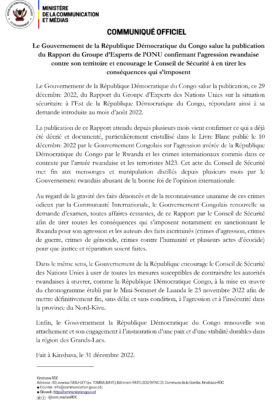 COMMUNIQUE La RDC invite le Conseil de Securite de lONU a tirer les consequences du Rapport du Groupe dExperts confirmant lagression rwandaise contre son territoire 1