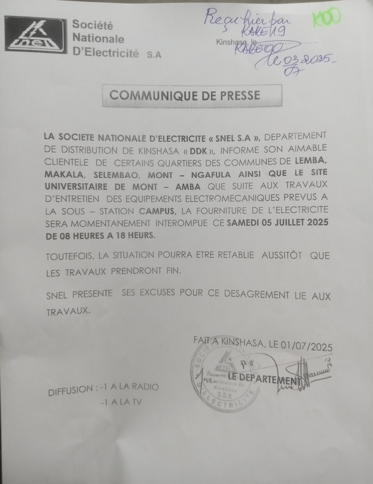 Kinshasa: interruption temporaire de fourniture d’électricité annoncée pour les 5 et 6 juillet 15 IMG 20250705 WA0016