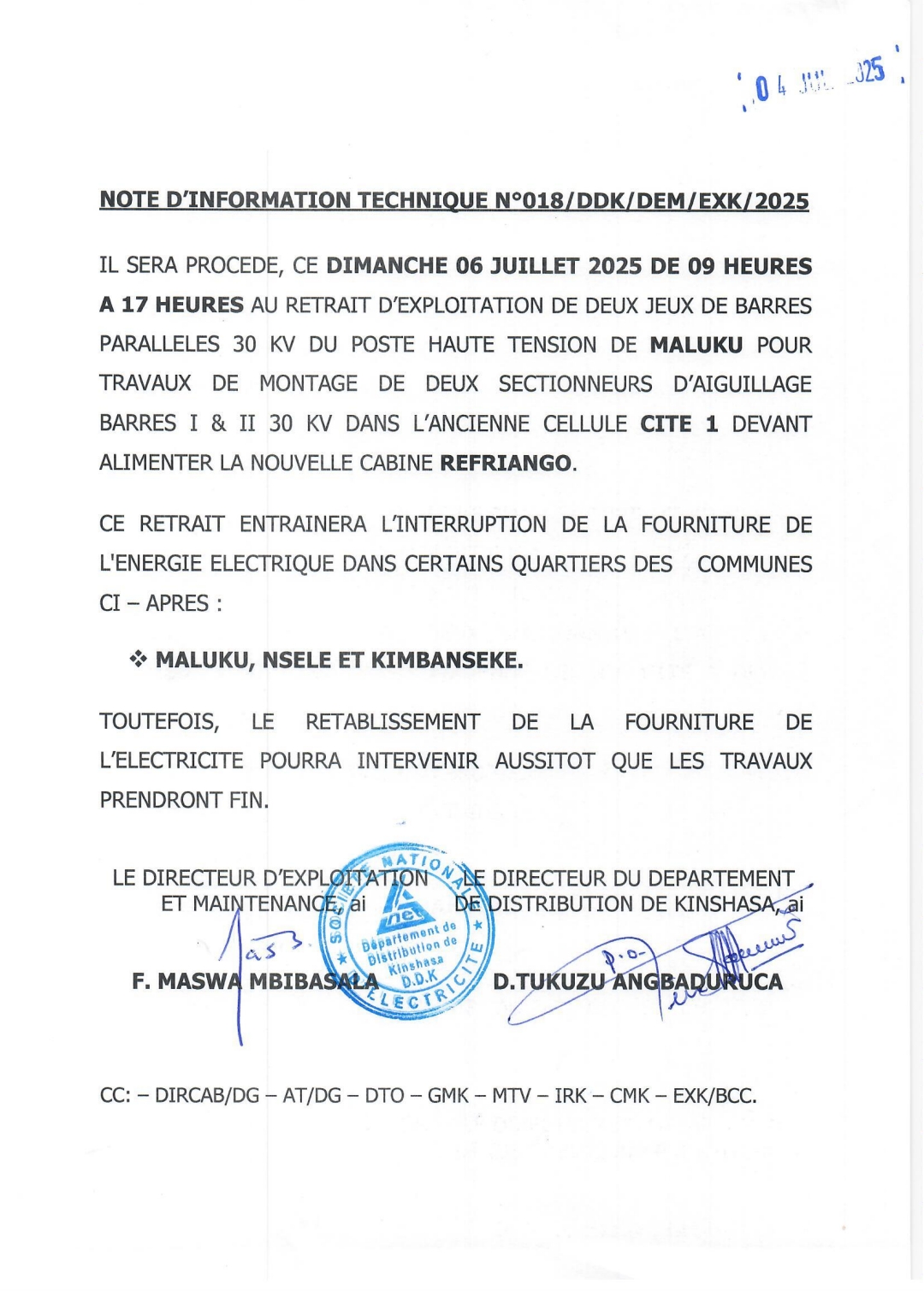 Kinshasa: interruption temporaire de fourniture d’électricité annoncée pour les 5 et 6 juillet 16 Screenshot 20250705 055727