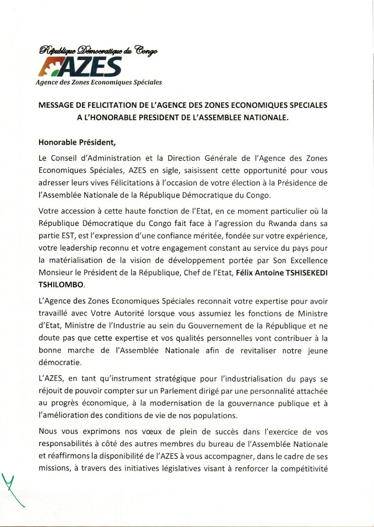 Message de félicitations de l'AZES à Aimé Boji Sangara, Président de l’Assemblée nationale 16 Azes1