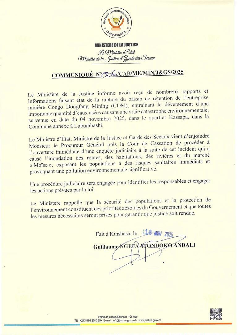 Pollution à Lubumbashi : Guillaume Ngefa ordonne au PG près la Cour de cassation d’ouvrir dans l’immédiat une « enquête judiciaire » contre Congo Dongfang Mining 13 Com CDM