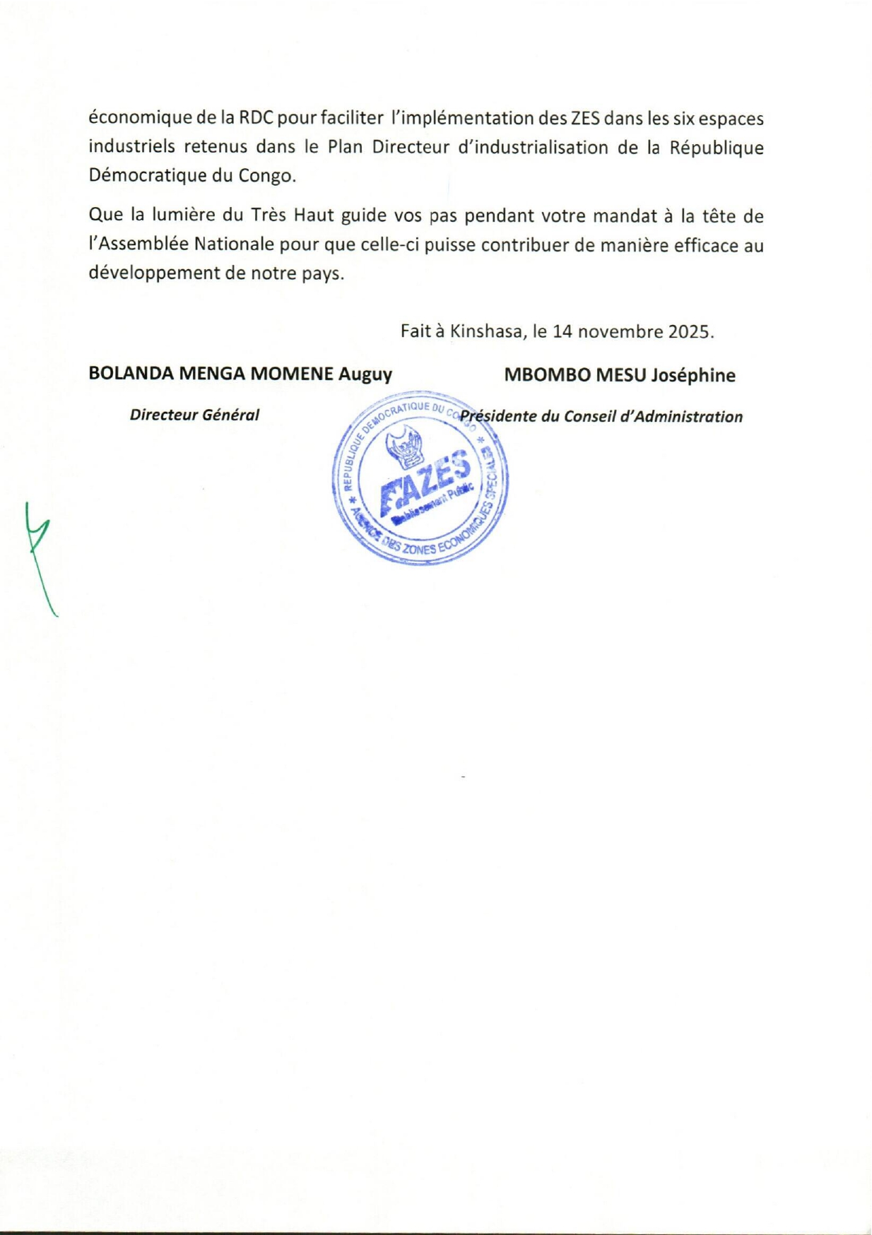 Message de félicitations de l'AZES à Aimé Boji Sangara, Président de l’Assemblée nationale 17 azes2