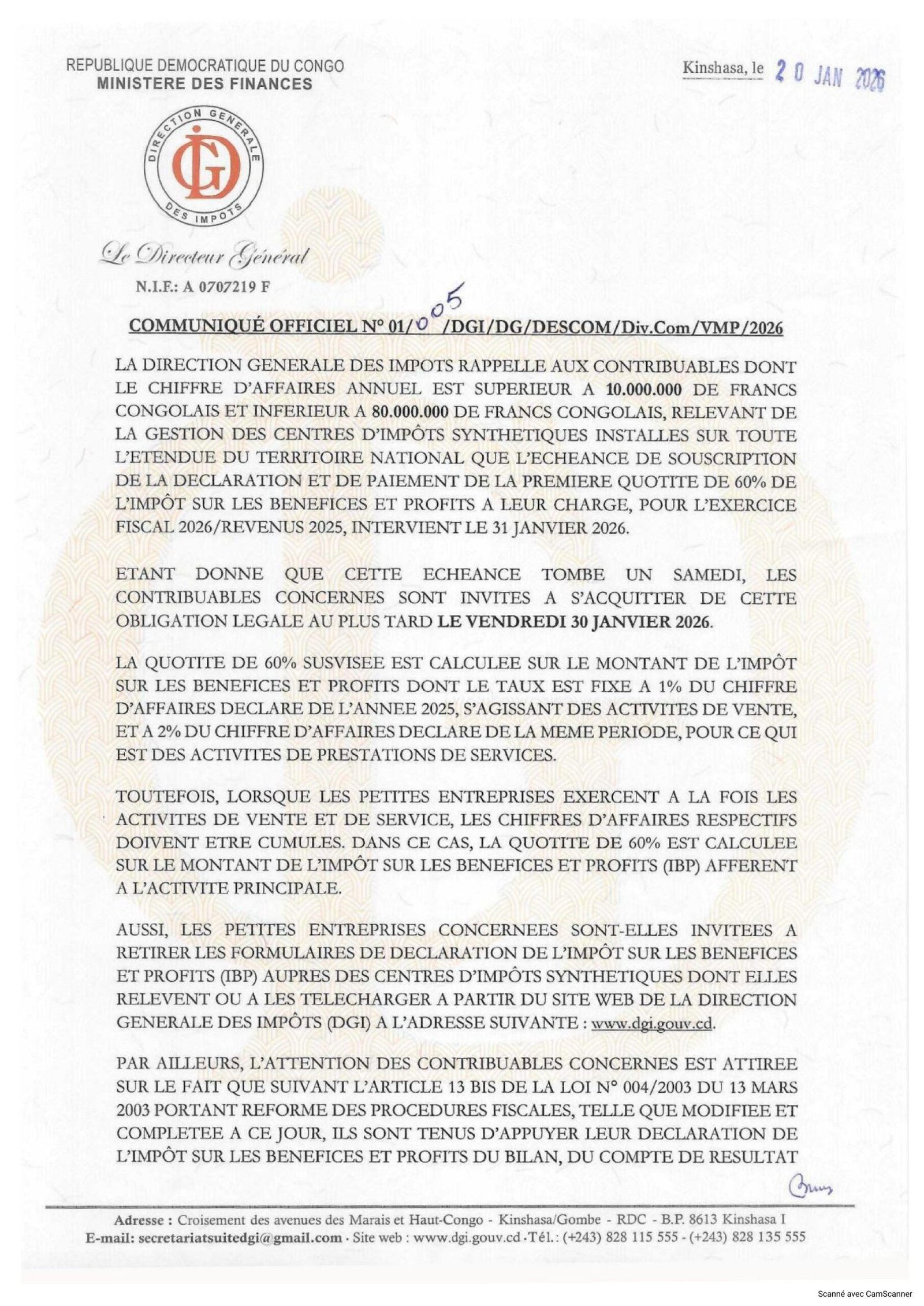 Communiqué de la DGI aux contribuables relevant des Centres d’impôts synthétiques dont le chiffre d’affaires annuel varie entre 10.000.000 et 80.000.000 FC 14 DGI1 scaled