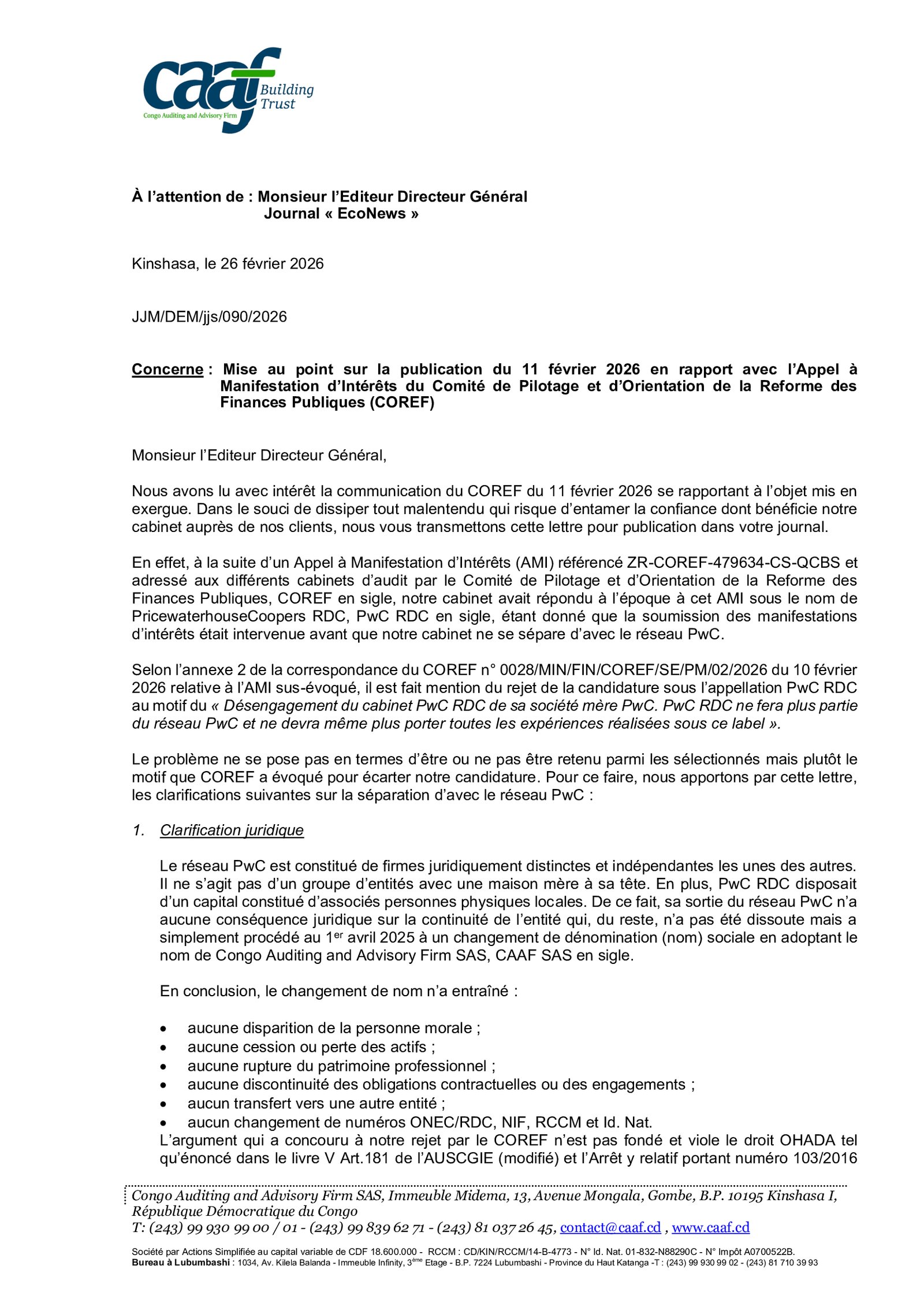 Mise au point du CAAF sur son éviction à un appel à manifestations d’intérêts du COREF (Communiqué) 15 Caaf1
