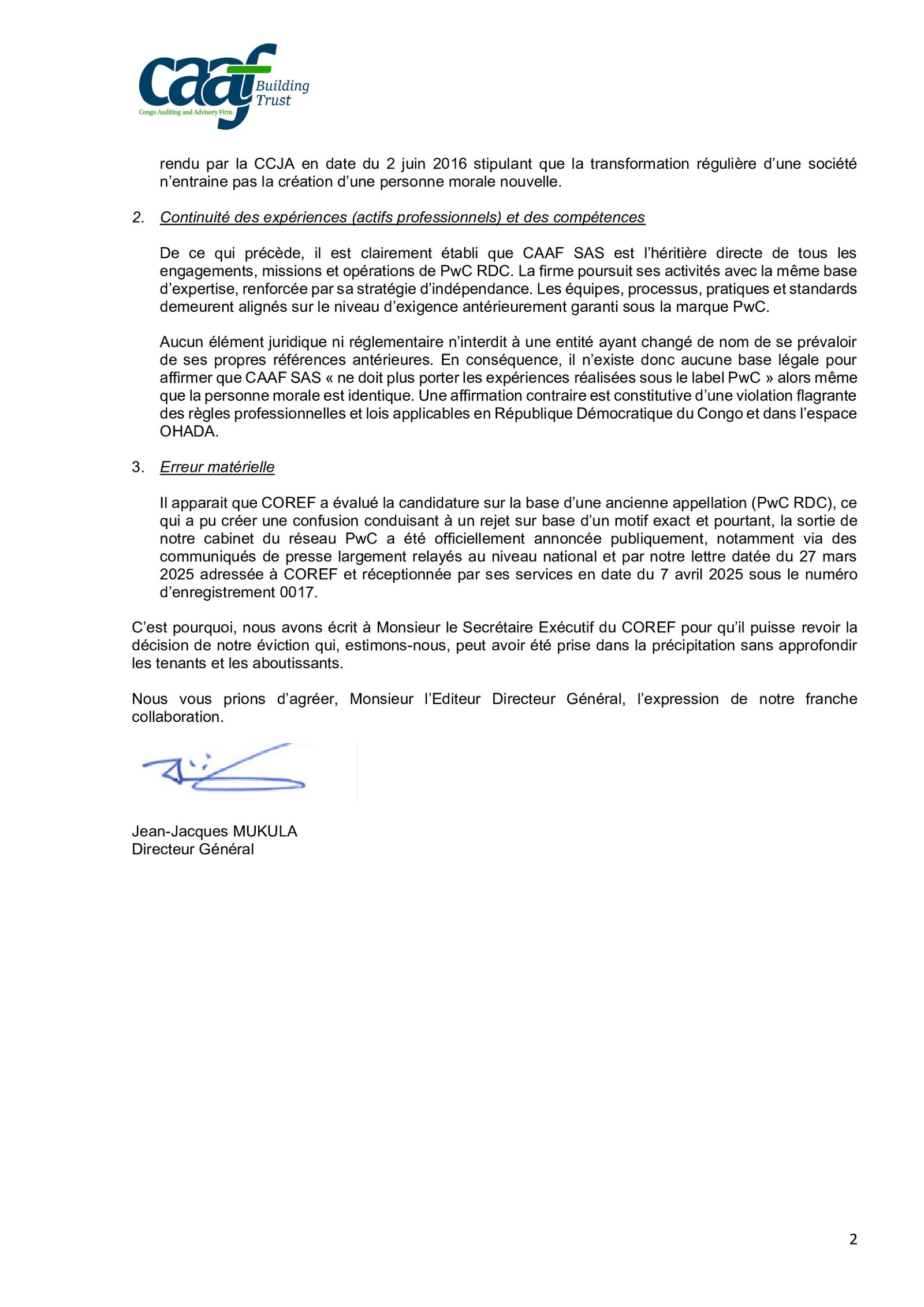 Mise au point du CAAF sur son éviction à un appel à manifestations d’intérêts du COREF (Communiqué) 16 Caaf2