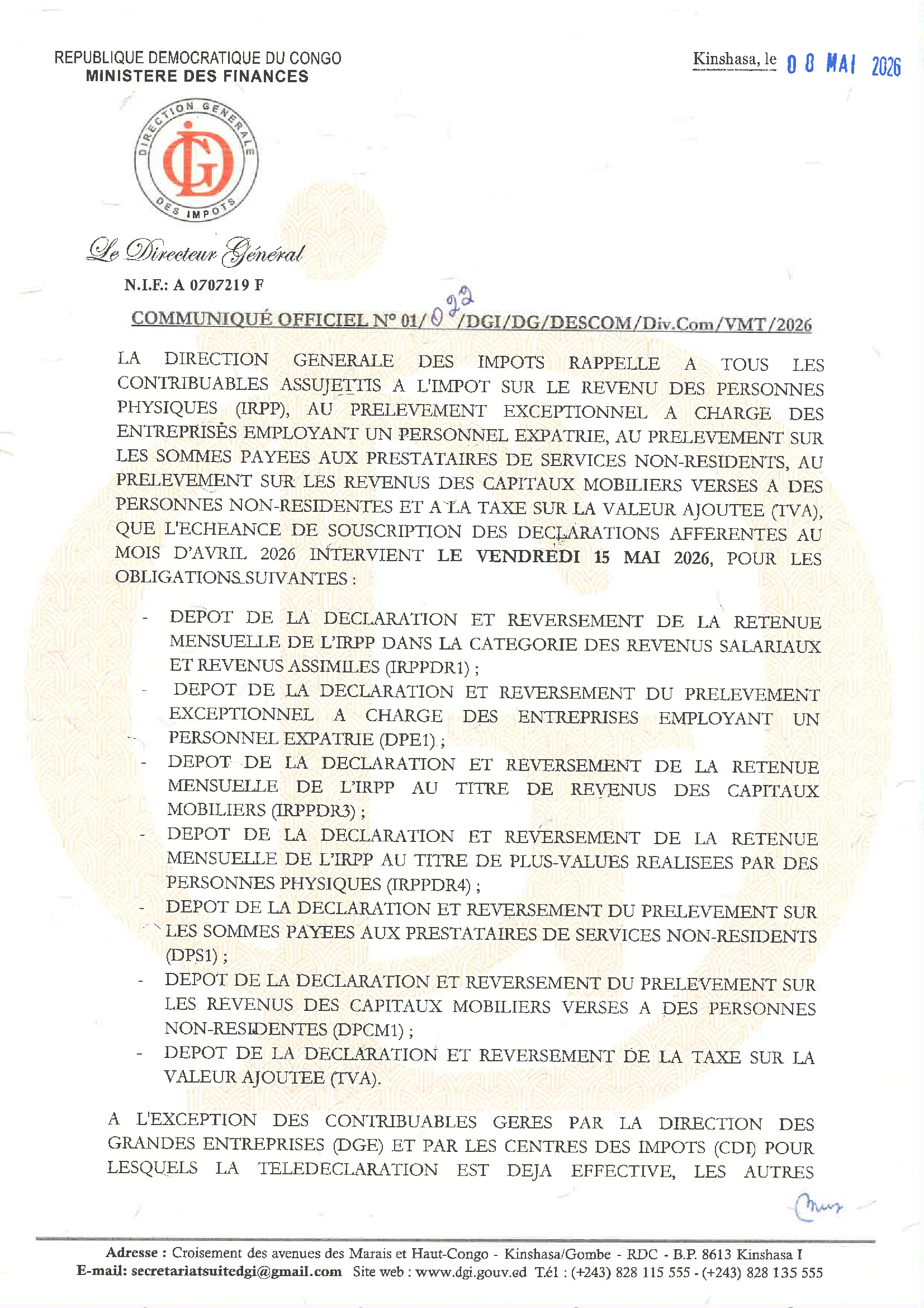 DGI : rappel de l’échéance du 15 mai pour des déclarations afférentes au mois d’avril 2026 20 DGI