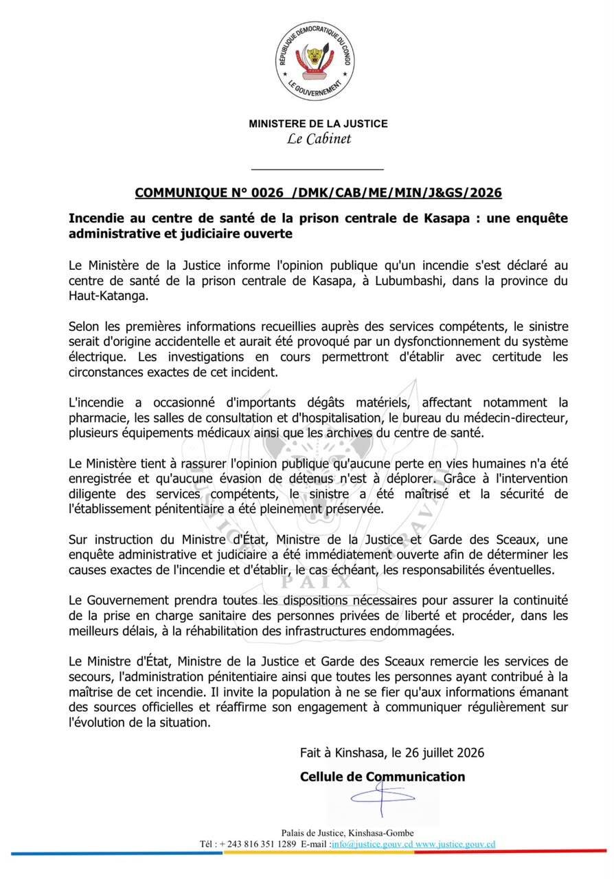 Incendie au centre de santé de la prison de Kasapa : Guillaume Ngefa ordonne une enquête pour faire toute la lumière (Communiqué) 11 Com Justice