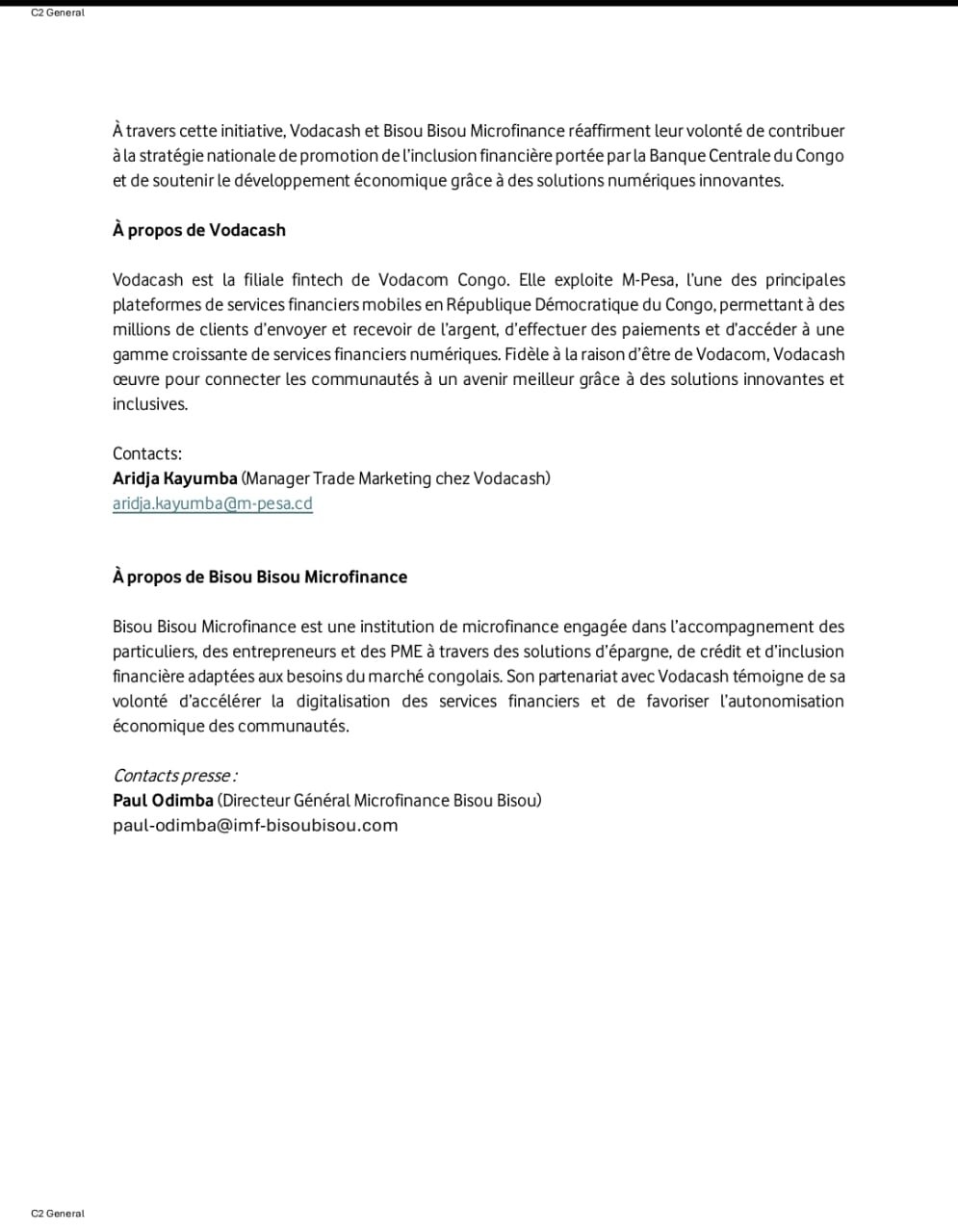 Inclusion financière : Vodacash et Bisou Bisou Microfinance s’engagent aux côtés de la Banque Centrale du Congo 10 WhatsApp Image 2026 07 26 at 20.48.03 1