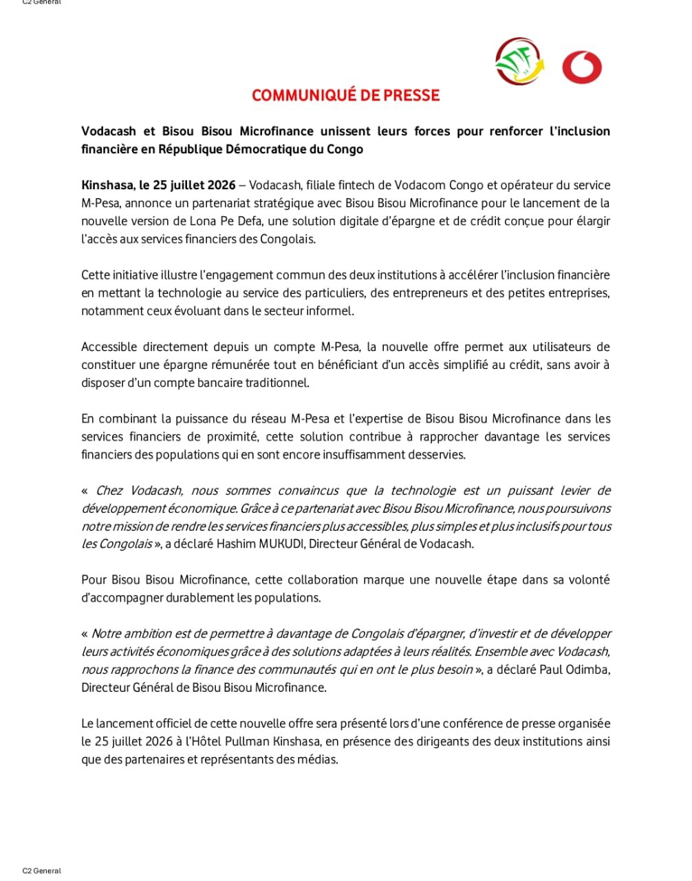 Inclusion financière : Vodacash et Bisou Bisou Microfinance s’engagent aux côtés de la Banque Centrale du Congo 9 WhatsApp Image 2026 07 26 at 20.48.03