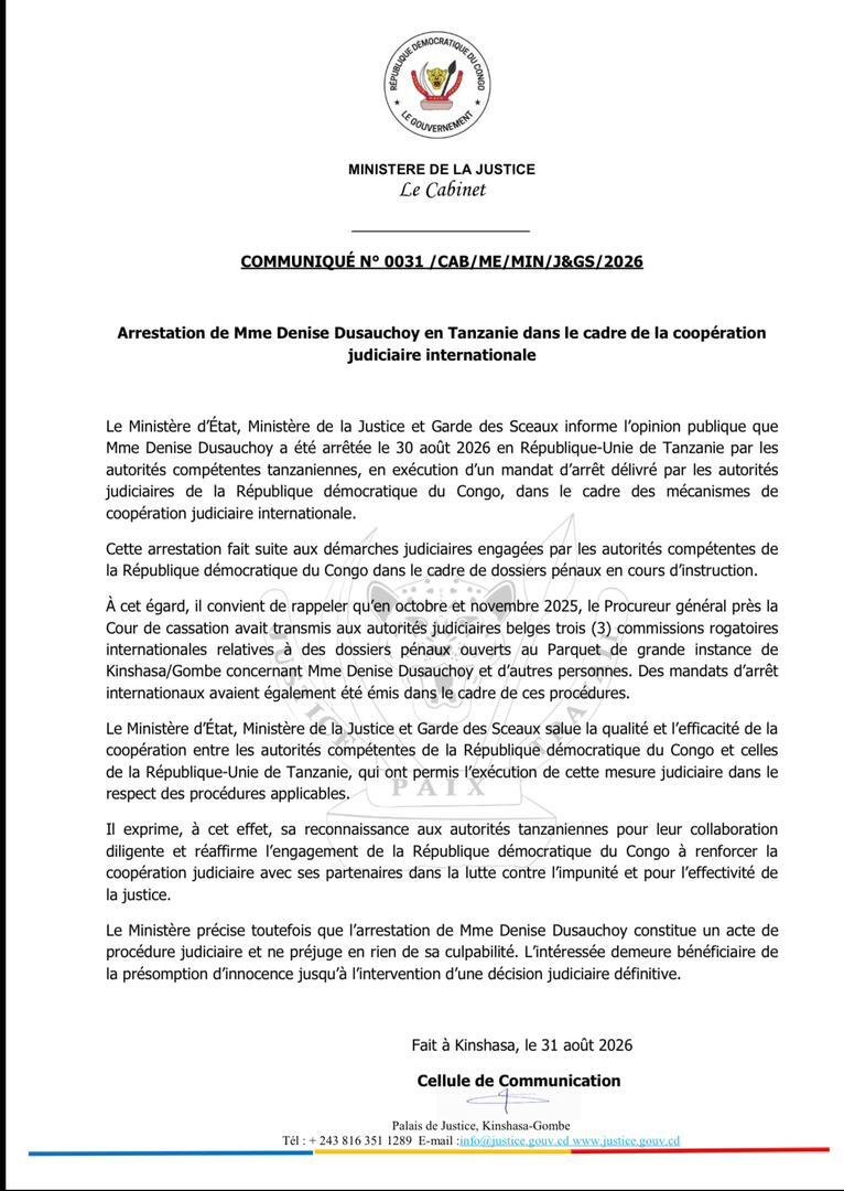 Coopération judiciaire exemplaire entre la RDC et la Tanzanie : l'influenceuse Denise Mukendi, dite Dusauchoy, extradée à Kinshasa 3 Com Justice 2